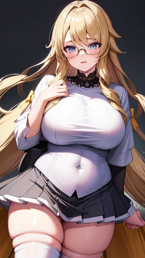 White shirt, long untied hair, pinched eyes, big , thick thighs, white panties, white thighhighs, dark purple hip skirt, no bra, glasses, plump, fat belly, full body