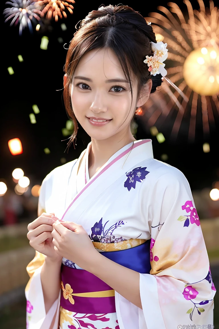 (Highest quality、Tabletop、8k、Best image quality、Award-winning works)、One pretty woman、(Elegant floral kimono:1.2)、(Perfect kimono:1.3)、Perfect mature woman portrait photo、Glowing Skin、Standing Elegantly、(Grand and beautiful fireworks background:1.3)、(Perfect summer festival background:1.2)、Glowing White Skin、Very white skin、(The most graceful posture:1.1)、Perfect beautiful glossy lips、(Accurate anatomy:1.1)、(A perfect and elegant outfit:1.1)、(Front facing body:1.2)、(Chignon:1.1)、(Regularly decorated summer festival lanterns:1.2)、(Depth of regularly decorated lanterns:1.1)、(The most moody and romantic:1.1)、Spectacular Cinema Lighting、(Tyndall effect:1.1)