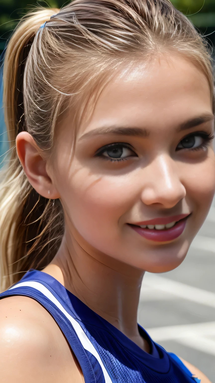 ((Face close-up))、A charming 25-year-old Danish woman ,complete, A voluptuous figure and especially large breasts, Big Tits、Her body remains well-proportioned and attractive even in middle age.. Her captivating looks are enhanced by her blonde hair and eyes. .She has a ponytail hairstyle、Very large breasts、1girl, (((A very beautiful 25-year-old Danish woman))), cute、Looking at this、 ((Beautiful low ponytail)), Detailed face、Detailed body、とってもcute顔, Glossy Lips, Double eyelids on both eyes,Natural Face、 Natural Makeup, Long eyelashes, Shiny and smooth hair、Perfect limbs, Perfect Anatomy,(((Basketball Sleeveless Uniform)))、,(Wet with sweat), masterpiece, 最high quality, high quality, High resolution,sexy、On the outdoor basketball court、 smile、((Face close-up))、Face close-up、
