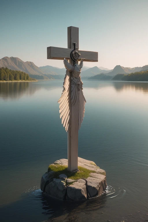 There is a cross on a rock in the middle of a body of water, keyshot rendering, 4 d cinema rendering, Rendered in Cinema4D, cruz, Highly detailed 4k digital art, Guardian of the Sacred Lake, Lt. Aleksander Gierymski, inspired by Mike Winkelmann, Holy Cross,