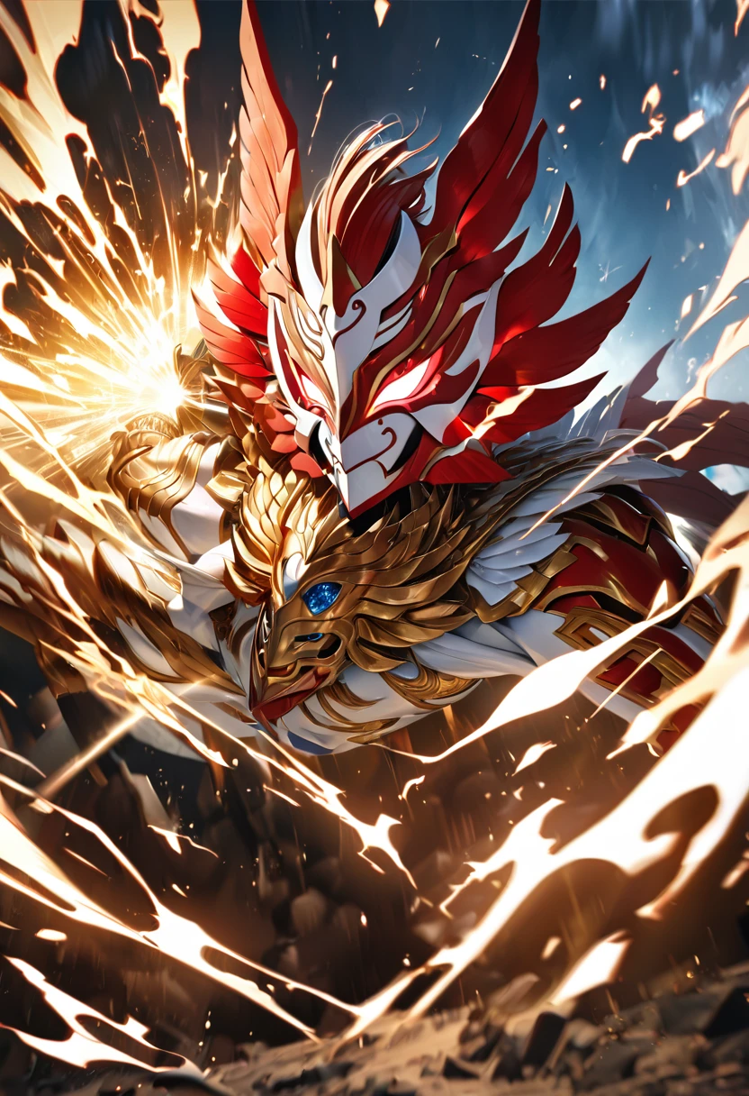 Ultra realistic, high detail, symetrical,absurdres, highres, ultra detailed, HDR, masterpiece, extremely detailed face and eyes,,,red and white saint Seiya knight , epic eagle garuda mask, cool wings,  , solo, man, handsome, ,, , Epic fight scene, golden splashing effect,golden lightning effect,glowing glitters, explosive effect
