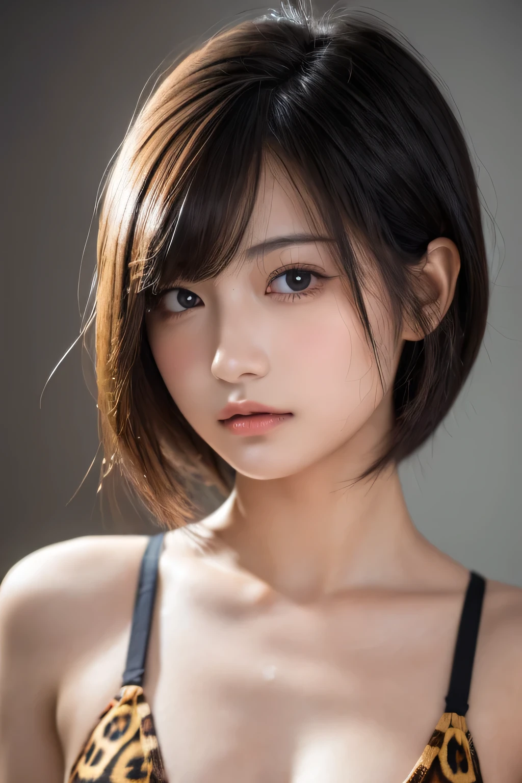 A cute girl with a face like a Japanese idol, Short Hair, Skinny body、athlete、(Cinema Lighting),(Natural light),(High level of artistry),(artistic),(Indistinguishable quality from the real thing),{{RAW Photos}},{{Genuine}},High resolution,masterpiece, beautiful, Handsome Tomboy, Looks like a salon model, Cool face, Neutral facial features, nsfw,、Puzzled、shame、sleepy,A woman wearing a leopard-print bodysuit, Spotted Ultra-Realistic, extra Detailed body, Full body image, Surrealistic full-body portrait, Detailed body, Full Body View, Thin bodysuit, Barbie doll wearing panties and bra, Swimwear, Includes upper body, beautiful realistic upper body, Sexy Body, highly Detailed body, wet Swimwear