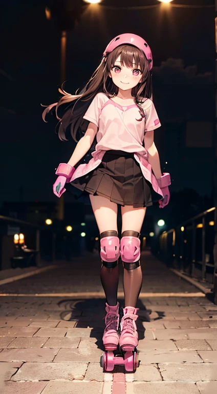 Highest quality、middle School girls、((Dark brown long hair、Two Side Up))、(((High resolution、Pink inline skates 、Knee and elbow protectors)))、Knee-length skirt、smile、Round droopy eyes