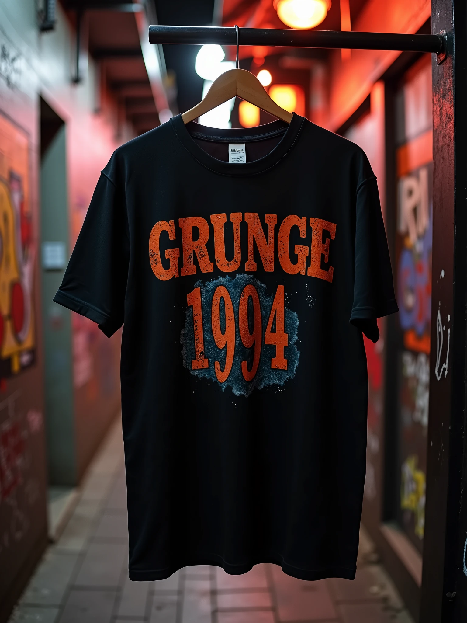 A black t-shirt of a grunge band in 1994