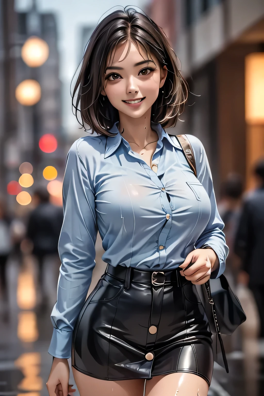 ((Highest quality, 8k, masterpiece: 1.3)), sharp: 1.2, Perfect Body Beauty: 1.4, １female, Beautiful middle age, Highly detailed face and skin texture, Detailed eyes, double eyelid, eyelash,  (Beautiful Teeth), grin, (Big Breasts), (Wet Blue Button Long Shirt: 1.1),Tight mini skirt, (rain, street: 1.2), Wet: 1.5, Looking into the camera, ((Cowboy Shot))