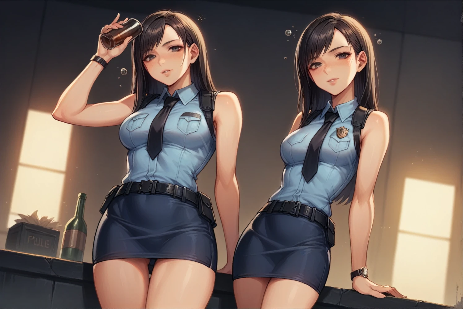 Highest quality, Very detailed,((1 person)), police, Adult, resident evil style, sexy police officer in uniform, Sleeveless shirt,Ultra mini skirt,belt,watch,slim, evening, Soft Light, Facial details, Drunk, Long black hair, Beautiful Skin, fringe, Pale pink lips, I'm hiccuping so hard I'm shaking., Big black eyes, Looking at the audience, (Cowboy Shot), 16K
