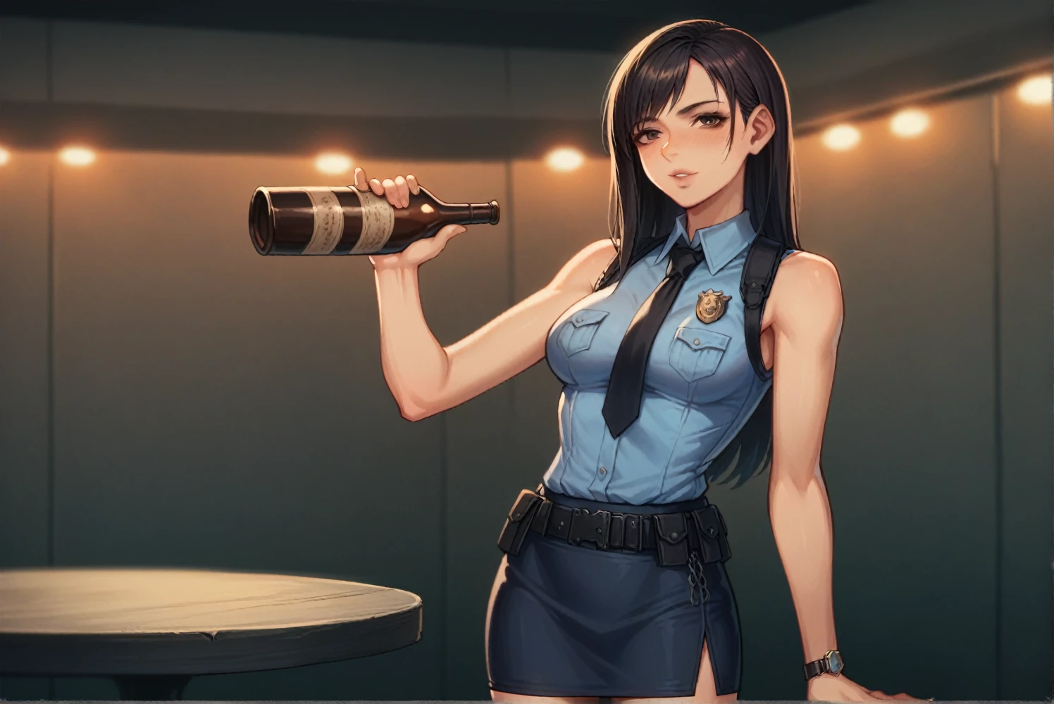 Highest quality, Very detailed,((1 person)), police, Adult, resident evil style, sexy police officer in uniform, Sleeveless shirt,Ultra mini skirt,belt,watch,slim, evening, Soft Light, Facial details, Drunk, Long black hair, Beautiful Skin, fringe, Pale pink lips, I'm hiccuping so hard I'm shaking., Big black eyes, Looking at the audience, (Cowboy Shot), 16K