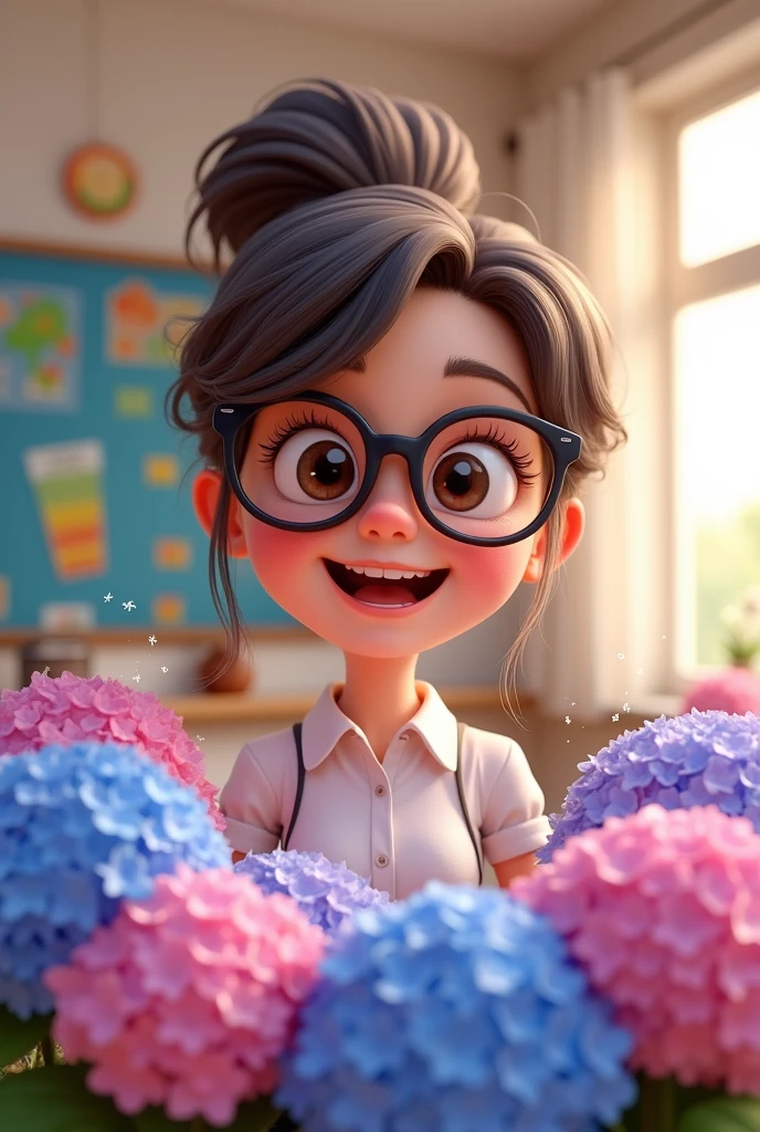 young techer with glasses  hold many hydenyia flower  cartoon 3d chibi art style 