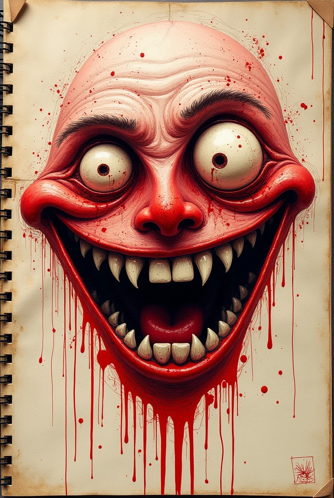 A grinning abstract face sketch slovenly drawn in blood on a notebook,slovenly