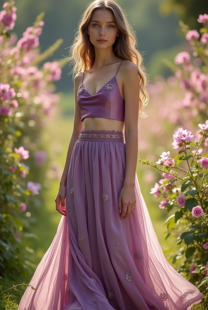 A girl wearing less revealing dress model  with purple  mix satin cloth top and dusty purple  floral  long skirt .crop top sleeveless and a lavender netless skirt