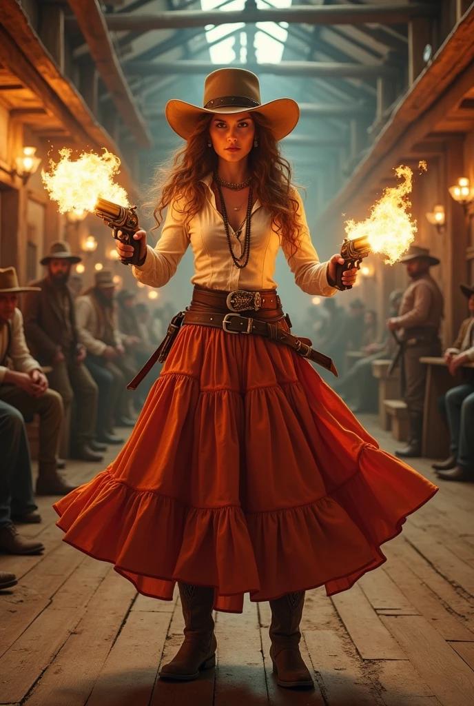 A cowgirl wearing a skirt in a saloon with two pistols firing at three outlaws, wild west look 1800s