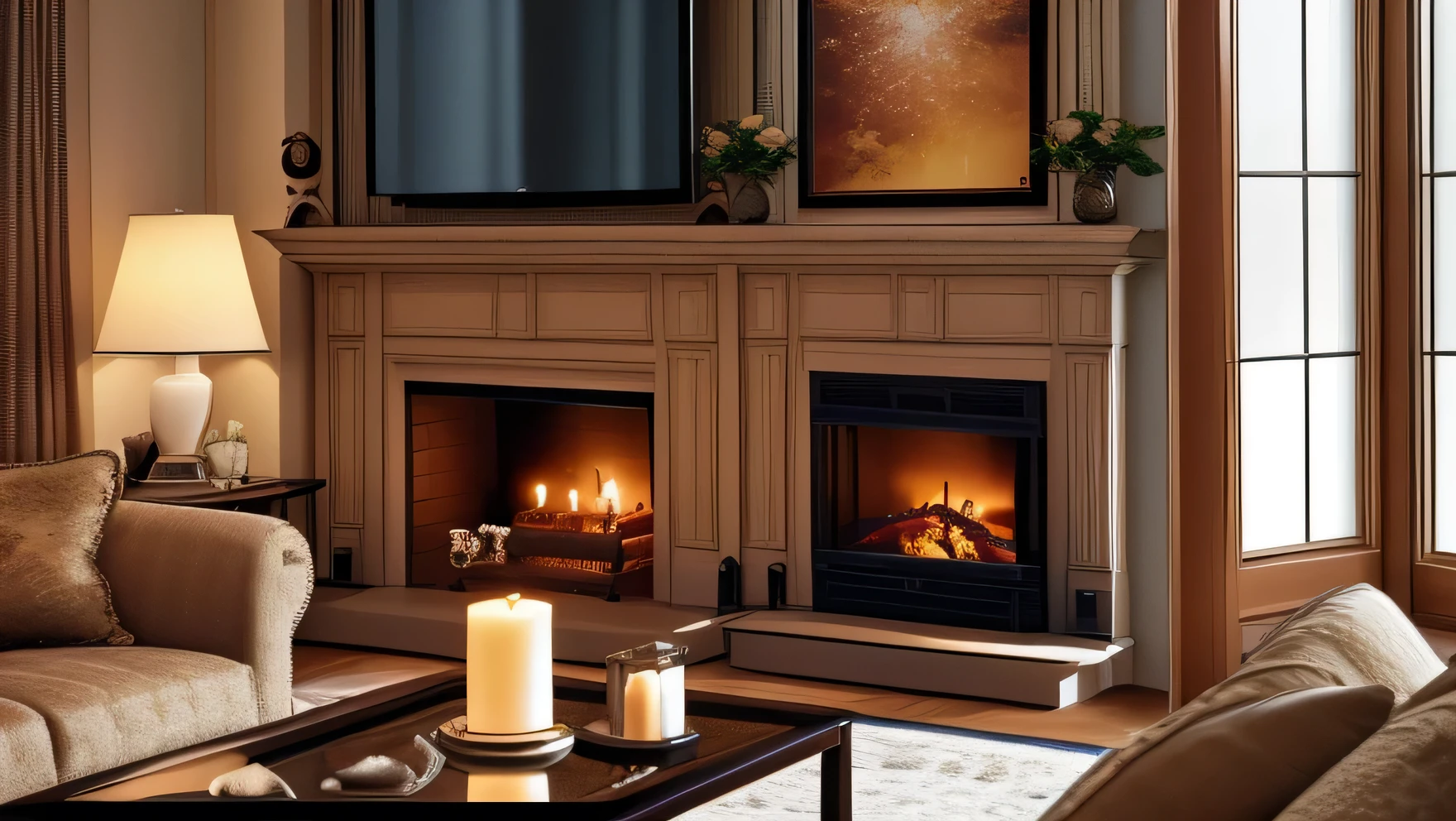 evening、Luxurious living room 、TV、fireplace、window、