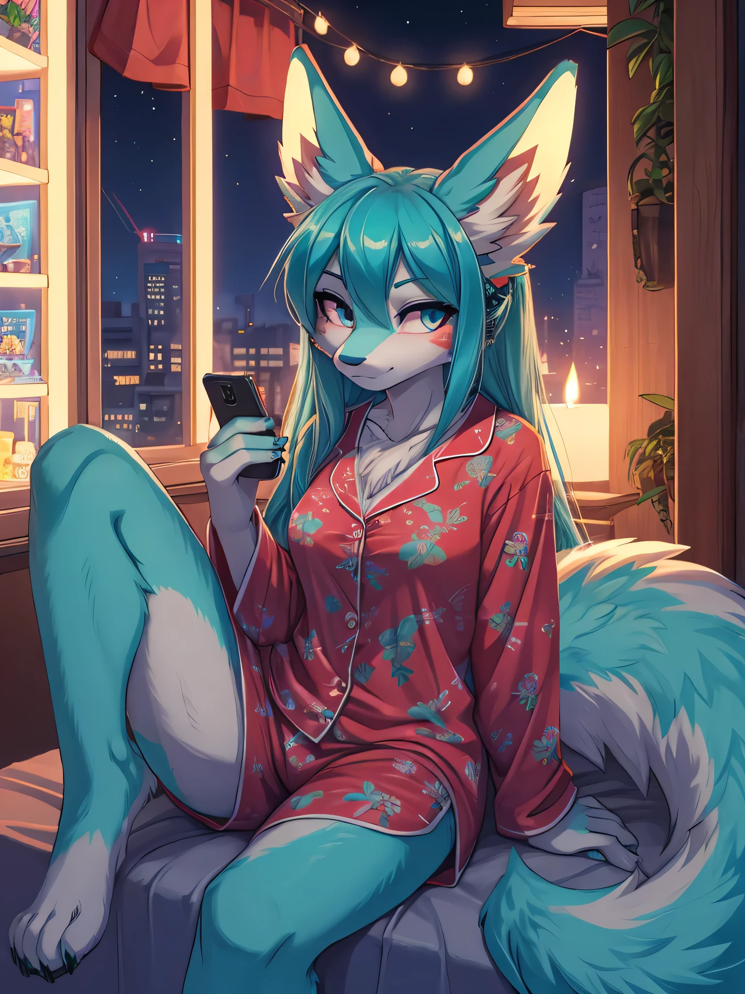 1 girl, Miku Hatsune, add high definition_detail:1, blue fur,kitsune ears, tribal tattoo add_detail:1, sitting on a bed in comfortable pajamas, strap blouse, mini short fitted, checking the cell phone, night scene, balcony at night in the city