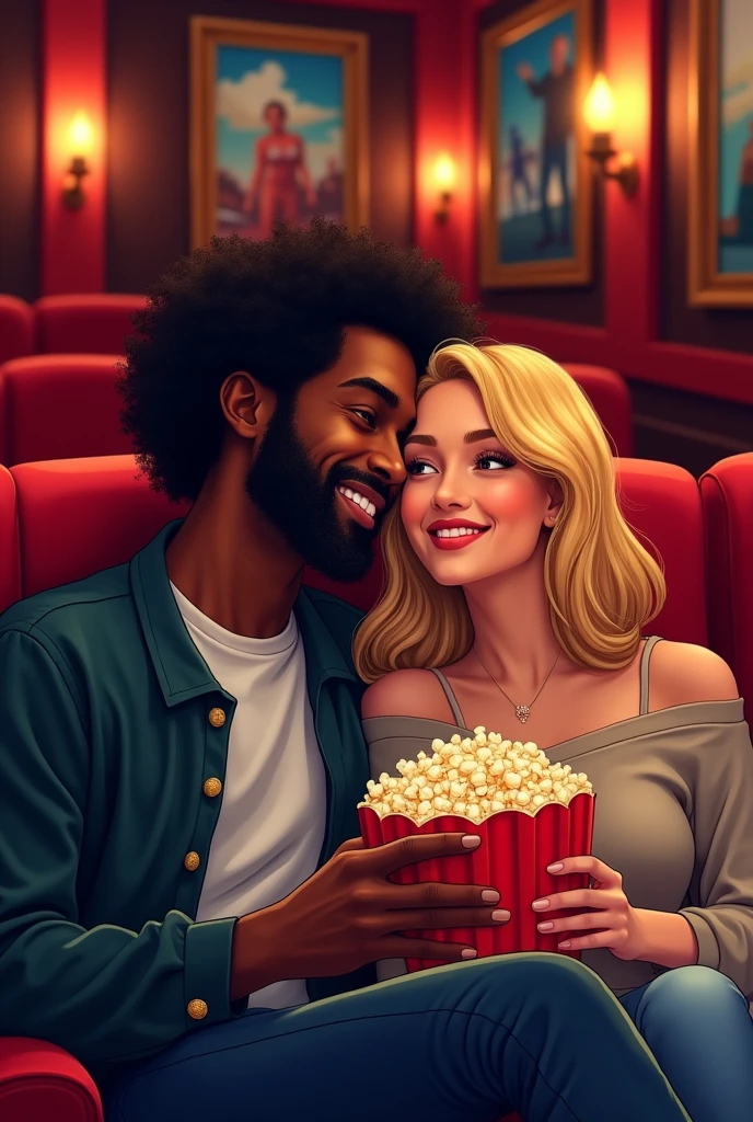Make a 2d style drawing without volumes, all in a flat drawing about a couple, a man with black curly hair and dark skin and a woman with short, shoulder-length, straight blonde hair and white skin., They are at the VIP cinema