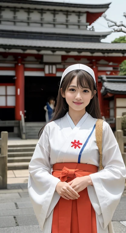 (Highest quality、masterpiece:1.2)、Highest quality、Realistic、photograph、High resolution、1080P、8k、Textured skin、Physical Rendering、 Japanese women、、cute、Young Face、Roll Hair、(Japan shrine priestess costume:1.5 )、Japanese temple grounds、shy、smile、big