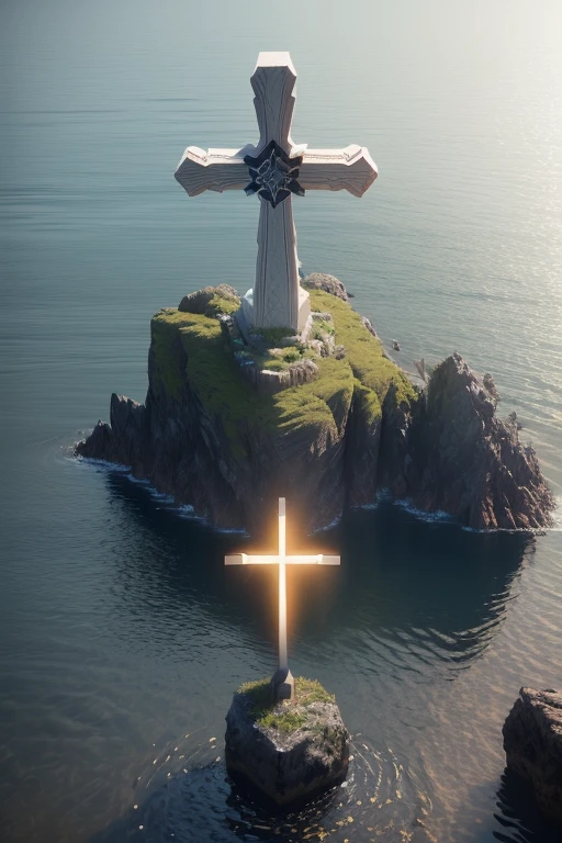 There is a cross on a rock in the middle of a body of water, keyshot rendering, 4 d cinema rendering, Rendered in Cinema4D, cruz, Highly detailed 4k digital art, Guardian of the Sacred Lake, Lt. Aleksander Gierymski, inspired by Mike Winkelmann, Holy Cross,