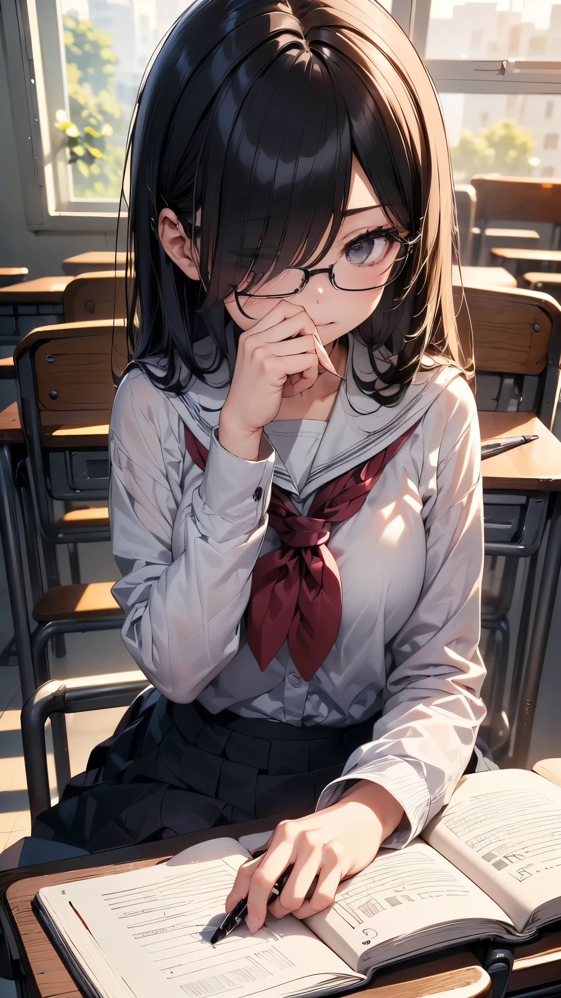 ((((School、During class、classroom)))、、middle School girls、((((((I am sitting on a chair and taking a class.、I have a pen、Notebooks and textbooks、)))))(((Serious face、Future outlook、Slender body)))、、Low length、((((((Eyes hidden by long bangs:1.2))))))、(((Long black hair))))(((( Black-rimmed glasses:1.2　black eye)))、Side view、,Official Art、High resolution、Hyper Detail、[Angle from below:0.7]Upper Body