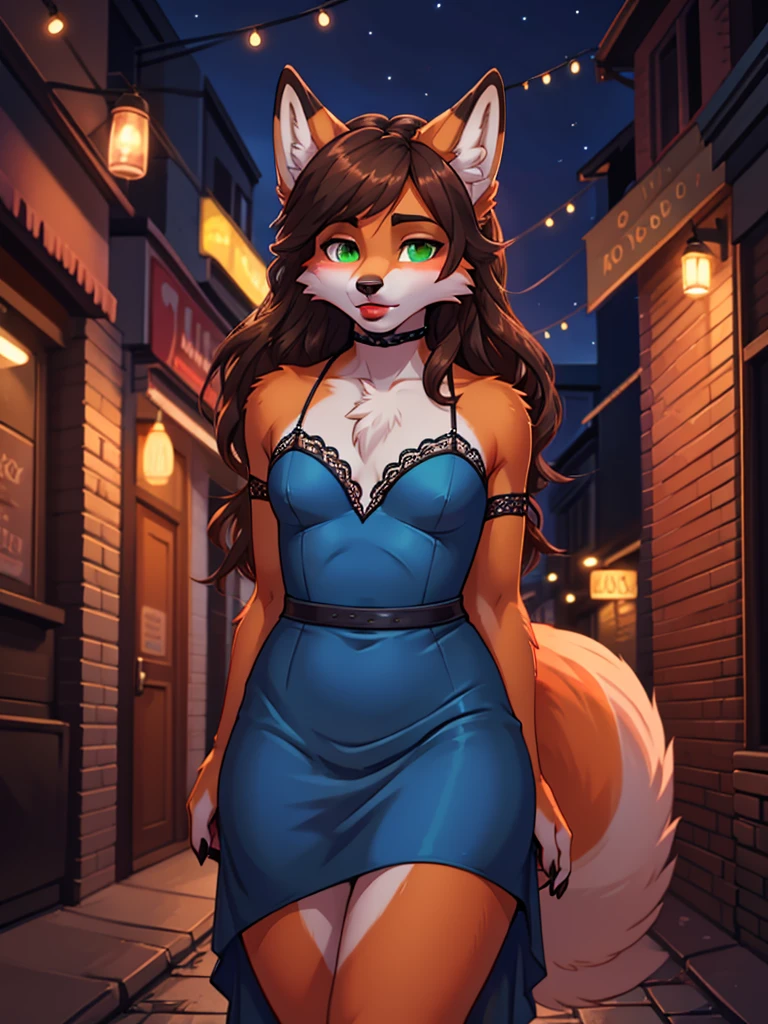 Best quality, furry male fox with green eyes, with brown long hair, with black spout, with red lipstick on lips, big lips, in a blue dress, crossdressing, shy, bare chest, sexy pose, portrait, Against the background of the night street