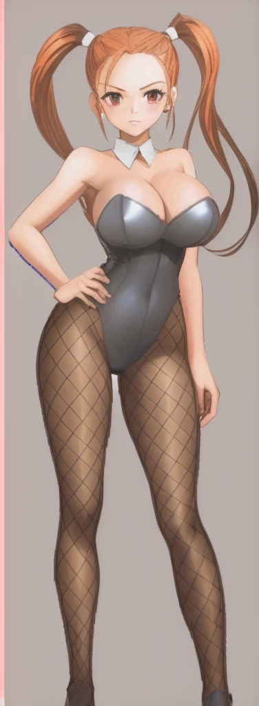 Jessica, with large breasts, beautiful legs, and twintails, is standing with her hands on her hips, wearing a black high-cut bunny suit and fishnet tights.。Angle from behind。