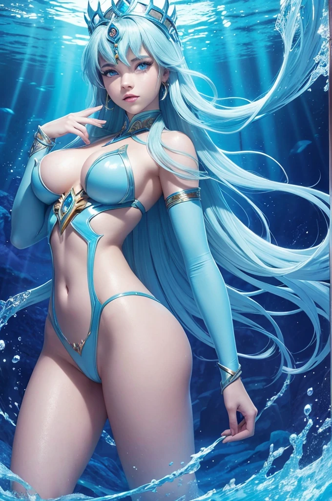 Princess Kida [Disney’s Atlantis], Fantasy hero art, Lightning goddess of Atlantis, NSFW sexy superhero poster, exposing her body and her power, underwater kingdom, sexy, princess, blue-tinged skin, bright blue eyes crackling with electricity, intense seductive gaze, athletic hourglass body shape, huge tits, glowing blue veins, light grey skin, blue tinged skin, fantasy inhuman character, NSFW porn character 