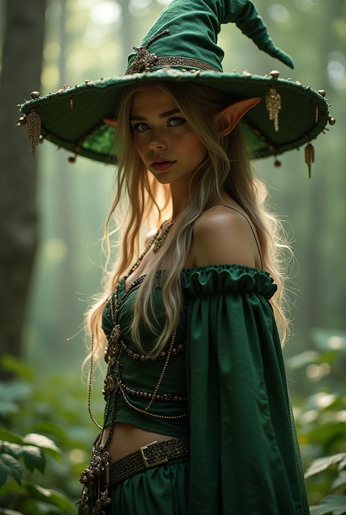 Best quality, masterpiece, ultra high res, elfgirl, fantasy, forest, witch