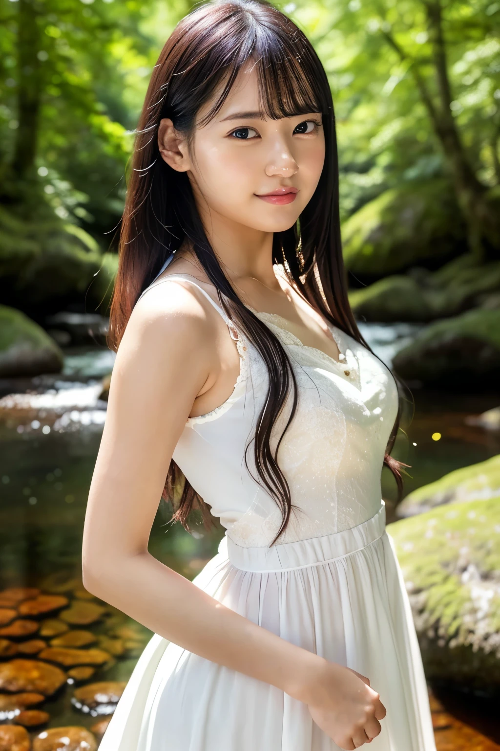 (masterpiece、Highest quality、Ultra-high resolution、8k)、1. very beautiful 18 year old、(Perfect composition that fits perfectly in the frame:1.1)、(Perfect ???????:1.1)、(A clean and elegant pure white lace dress:1.2)、(美しくGlowing Beautiful Skin:1.1)、(The clearest and most beautiful river water:1.1)、(Waterfall in the background、Surrounded by the most magnificent nature、The most detailed and beautiful river、in the forestの川、神秘的なin the forestの美しい川)、Feelings of love、(Glowing Beautiful Skin:1.1)、(Super high quality beautiful skin:1.1)、Beautiful Teeth、(The best smile you ever had when you saw me:1.1)、very bright and refreshing、Are standing、in the forest、(Moody and romantic portrait photography:1.2)、Blurred Background、Bright summer colors、Surrounded by fantastic light、Mysteries of Nature、Natural makeup long eyelashes、Accentuate your body lines、Very small waist dress