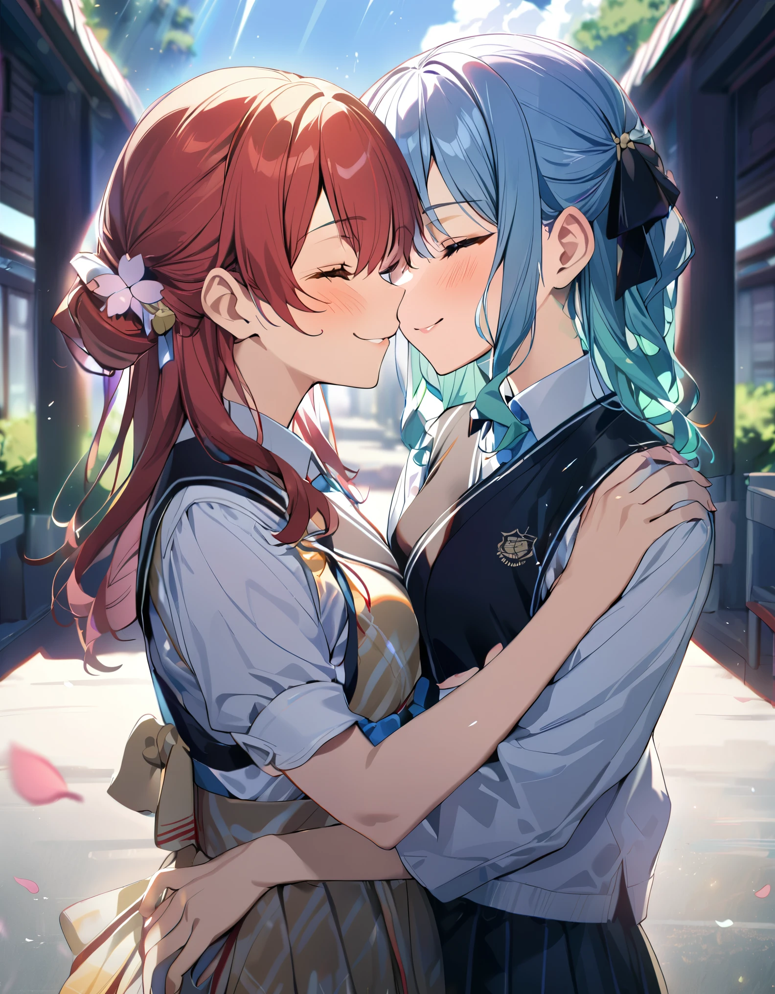 (((2girls))), together, two people, masterpiece, best quality, integrated scenery, integrated background, extremely delicate and beautiful, meticulous details, good composition, closed_eyes, cute face, perfect face, perfect hands, fingernails, sakura miko, SakuraMiko, HoshimachiSuisei, hoshimachi suisei, blurry background, sunlight, light blush, ((school)), upper body, looking each other, smile, , (hugging each other),in_school,sunlight,kissing,happiness,