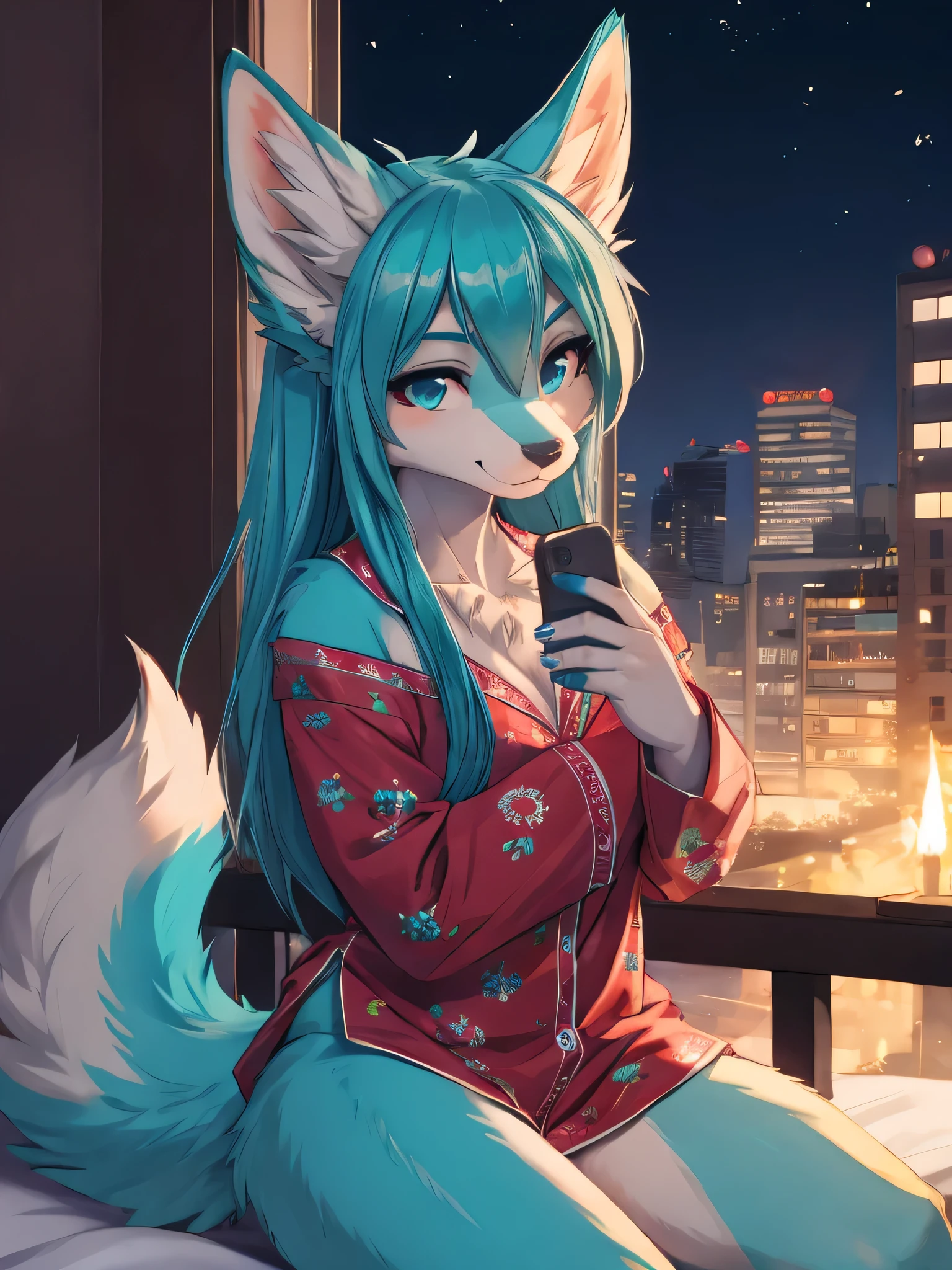 1 girl, Miku Hatsune, add high definition_detail:1, blue fur,kitsune ears, tribal tattoo add_detail:1, sitting on a bed in comfortable pajamas, strap blouse, mini short fitted, checking the cell phone, night scene, balcony at night in the city