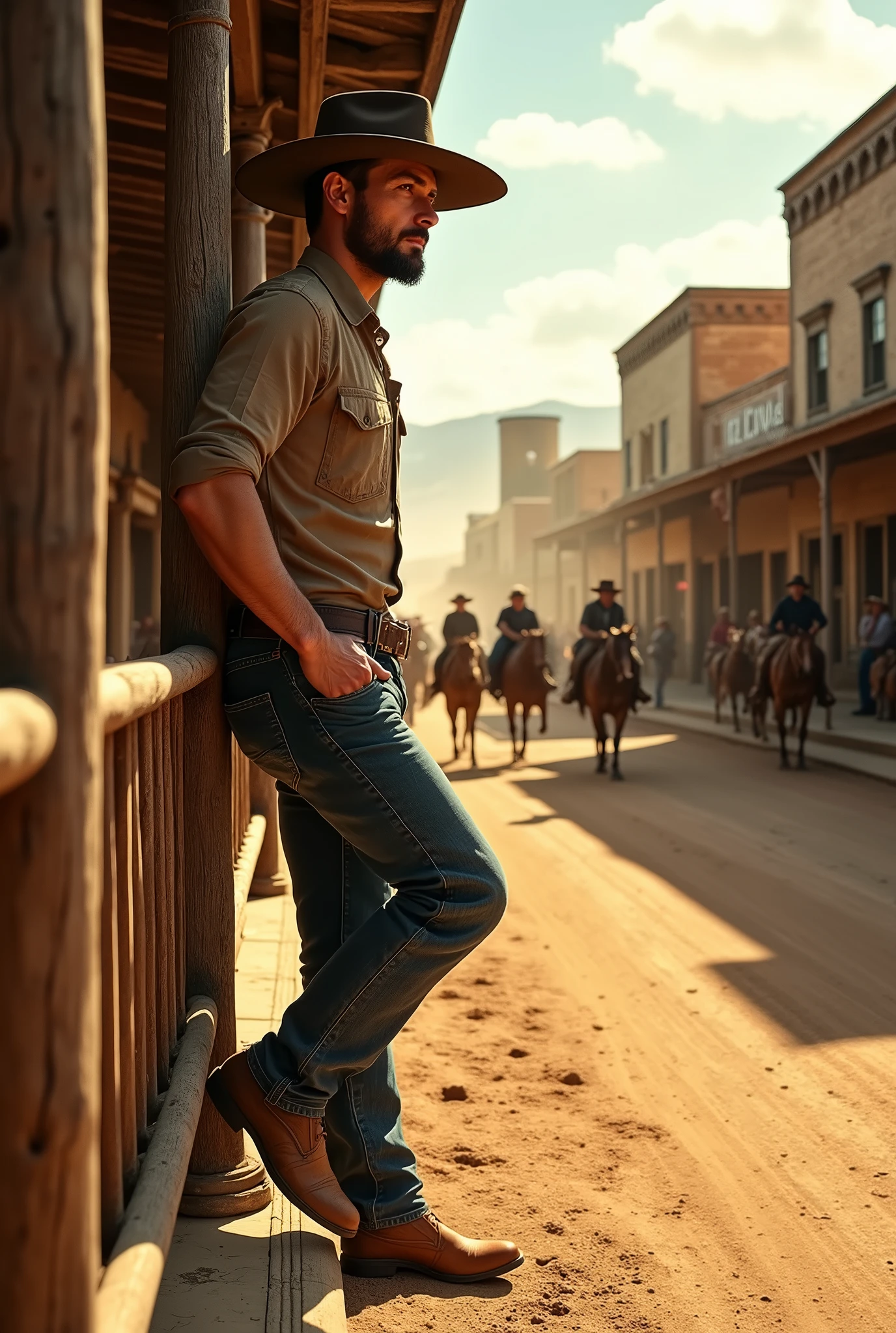 Cowboy in the Wild West passing the time watching the street 