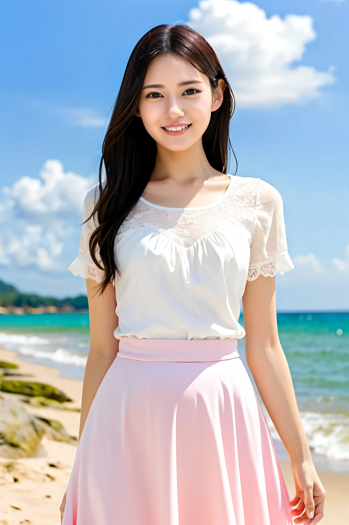 (Highest quality、masterpiece、8k、Best image quality、Hyperrealism、Award-winning works)、1 pregnant woman、(White shirt with elegant lace and frills:1.2)、(Light pink long flare skirt, transparent, Light berry pattern.:1.3)、(The most natural slight pregnancy bump:1.1)、Large Breasts、(Beautiful Hiroshi々とした滑らかな砂浜にStanding Elegantly:1.2)、(Beautiful and mysterious beach background:1.4)、Beautiful surf edge、(Beautiful sunny sky:1.1)、(Beautiful thunderclouds:1.1)、(Standing Elegantly:1.1)、Look at me with your best smile、Accurate anatomy、Perfect Makeup、Long eyelashes、Glossy Lips、Ultra HD glossy skin、(Ultra-high resolution, bright and beautiful skin:1.2)、(very bright and vivid:1.3)、超高精細のGlossy Lips、Ultra-high resolution beautiful teeth、(very bright and vivid:1.1)