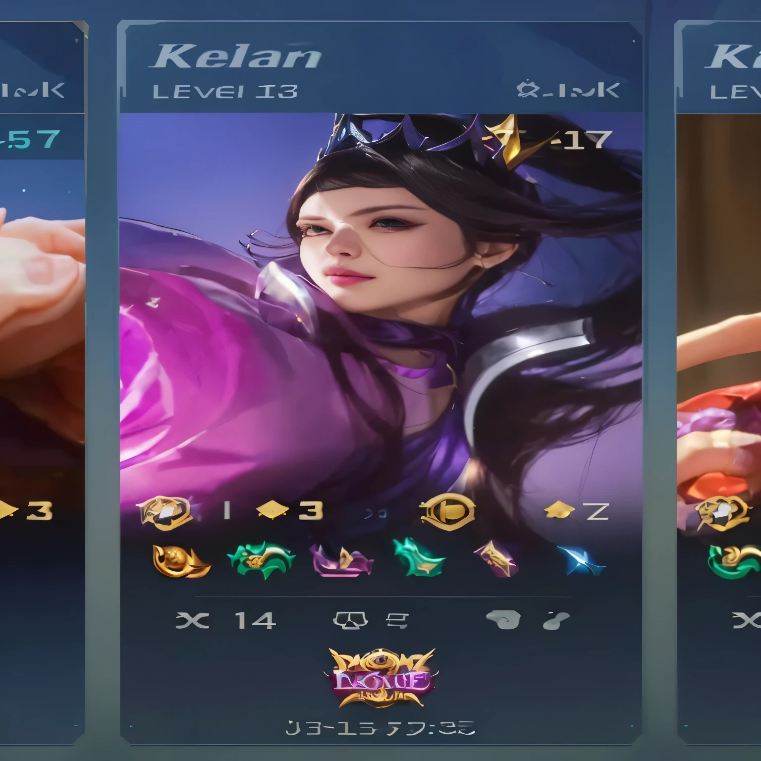 three screens of a woman in a purple outfit with a crown on her head, iconic character splash art, wild rift, character splash art, style artgerm, irelia, mobile legends, featured art, style league of legends, as seen on artgerm, artgerm detailed, range murata and artgerm, ig model | artgerm