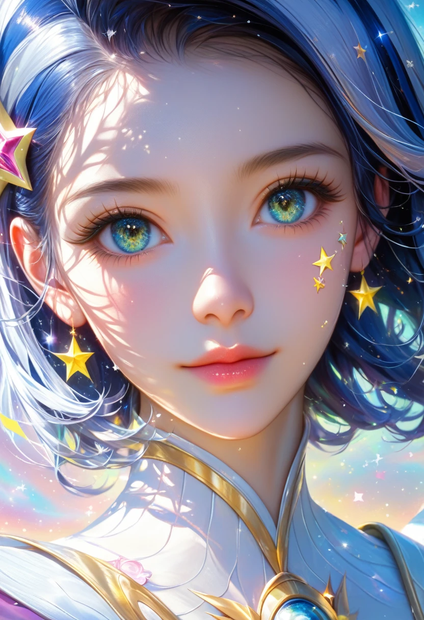 score_9, score_8_superior, score_7_superior,Beautiful anime goddess face close-up,(masterpiece, Highest quality, Highest quality, Official Art, beautifully、beautiful:1.2), (One person), Very detailed, (Fractal Art:1.3), delicate, Most detailed, Perfect Face, superior半身, High resolution, (White costume, Golden embroidery:1.2), Milky Way,nebula,shooting star,milky way,Magical Patterns, Impressive visuals, (Dynamic Stripes, Light trail:1.2), Vibrant colors, Silver Hair,編みsuperiorげアップスタイル,Realistic skin texture, Detailed Images, close-superior,Star Magician,Fantasy Princess