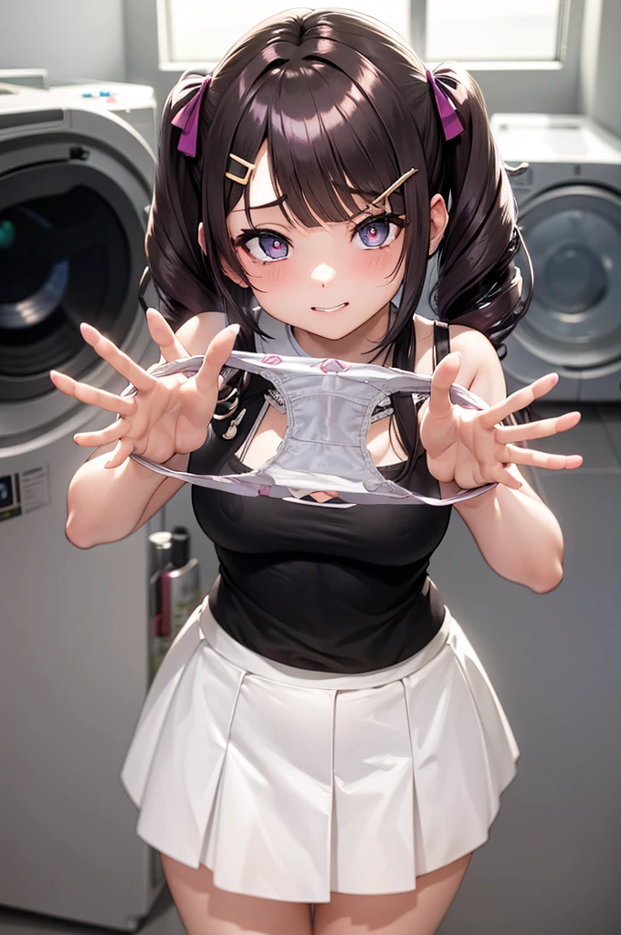 A beautiful girl presenting her panties in front of a washing machine, Laundry room, Laundry basket, a few underwears are in a Laundry basket, white sleeveless blouse, black mini circle skirt, white panties with lace, (Pay attention to the panties, Quality underwear, Panties as a gift), big round breasts, dark brown hair, long bangs, long hair, twintails, wavy hair, shiny hair, hair ribbon, hairclip, aqua eyes, glowing eyes, pupils sparkling, clenched teeth, shy, embarrassed, blush, nervous, nervous smile, glossy lips, disgust, high detail, anime, anime style, chiaroscuro, cinematic lighting, dithering, image fill, multiple views, from above, atmospheric perspective, perspective, Wide-Angle, f/1.8, 85mm, Nikon, 8k, super detail, UHD, retina, masterpiece, accurate, anatomically correct, textured skin, high details, best quality, highres, 16k