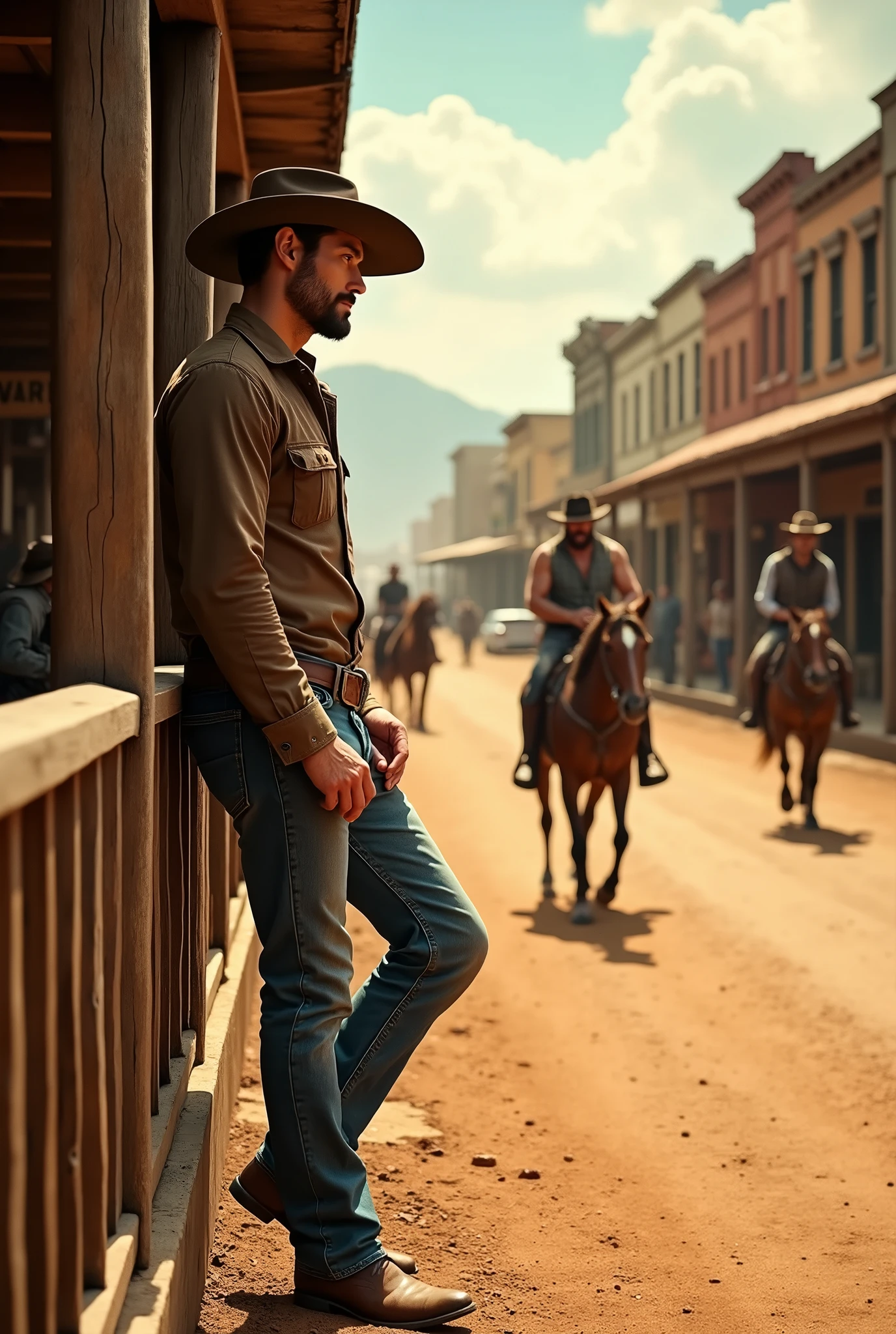 Cowboy in the Wild West passing the time watching the street