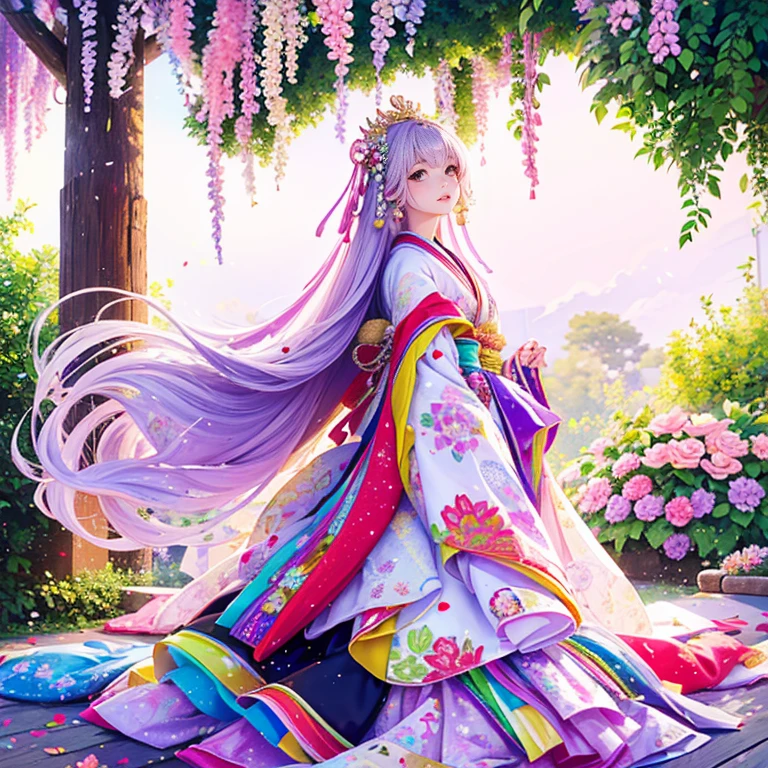 ( High resolution、 Super detailed、masterpiece、Highest quality、8k)、Heian period in Japan、(NHK Taiga Drama、To the Shining One)、Fujiwara Akiko、palace、The Empress of the Palace、Young beautiful woman、Beautiful Face、Beautiful Face、Pretty lips、(12 single coats、Light pink、Light purple、yellow、green、blue、red、White color、Colorful overlapping)、(Full Body Shot)、Long black hair、Jewel Ornament、background、garden、Colorful flowers、Vibrant colors、Detailed Anime、Detailed CG、