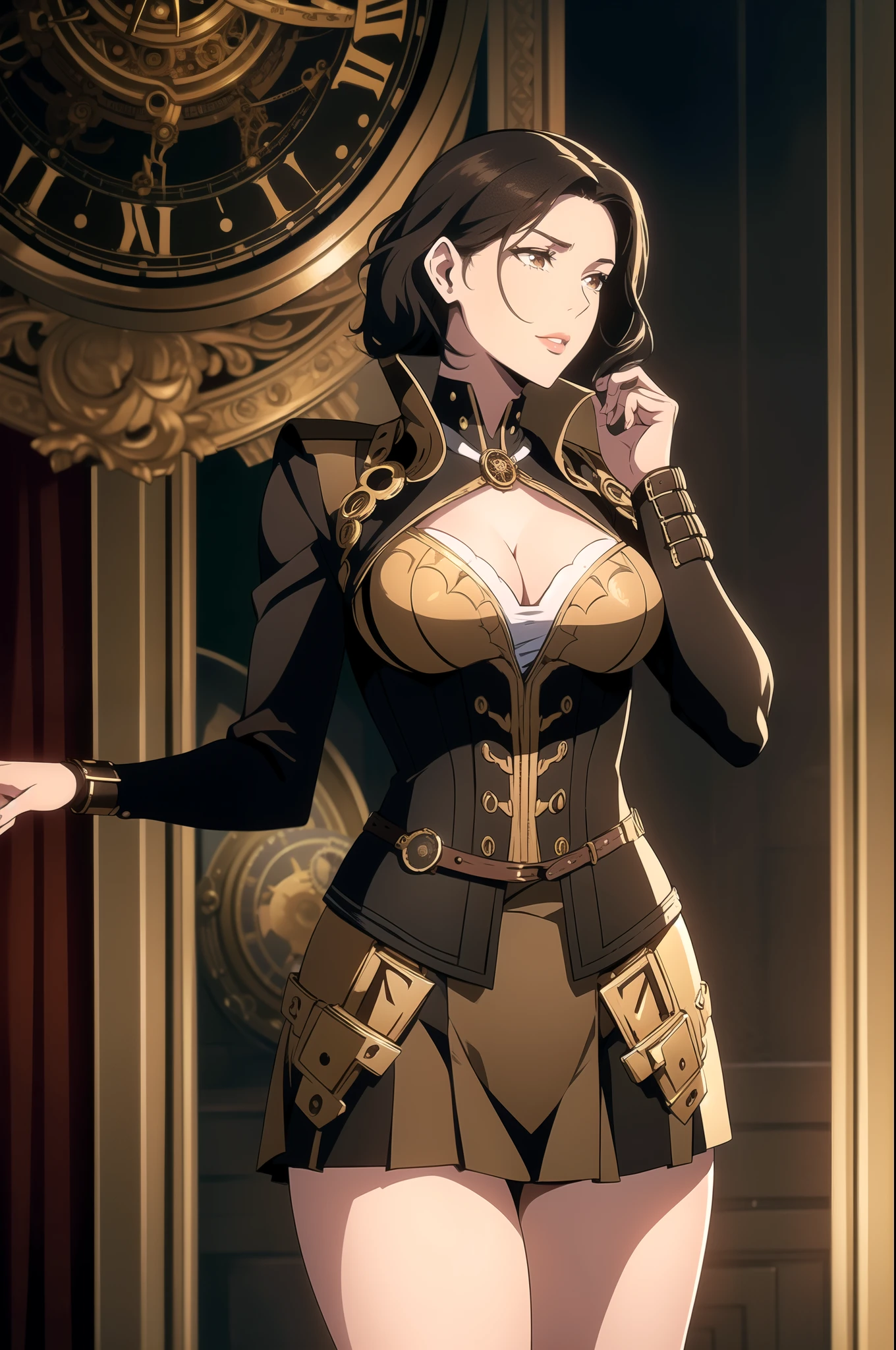(One Person), (Masterpiece, Best Quality), (A Gorgeous 25 Years Old British Female Clock Mechanic), (Short Wavy Black Hair), (Golden Brown Eyes), (Fair Skin), (Wearing Brown and Gold Steampunk-style Outfit with Goggles and Corsets, with Ornate Golden Gears and Clocks), (Steampunk City Road at Day), (Dynamic Pose), Centered, (Half Body Shot:1.4), From Front Shot, Insane Details, Intricate Face Detail, Intricate Hand Details, Cinematic Shot and Lighting, Realistic and Vibrant Colors, Masterpiece, Sharp Focus, Highly Detailed, Taken with DSLR camera, Depth of Field, Realistic Environment and Scene, Master Composition and Cinematography, cleavage, thigh, short skirt, sexy