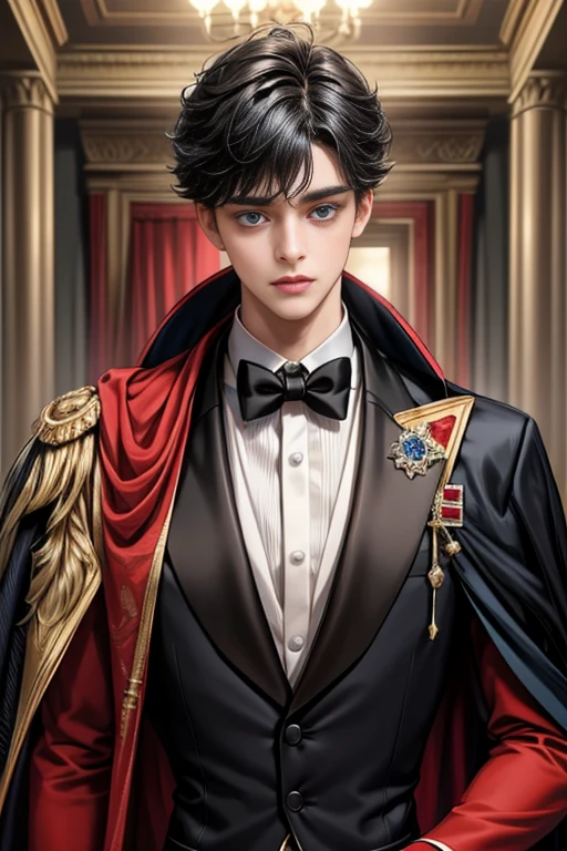 masterpiece, 最high quality, high quality, 1 boy, alone, Male focus, Upper Body,Watching the audience, Messy black hair, Adorable big blue eyes, White, Noble, Noble,A black and red cape that is bursting with sexy volume、Tuxedo、A very voluminous, large, very large, very large, long, long red and black cape with a high stand-up collar, made of a lot of fabric that reaches down to the floor., ,cute beautiful,Cute, cute, kind, handsome guy