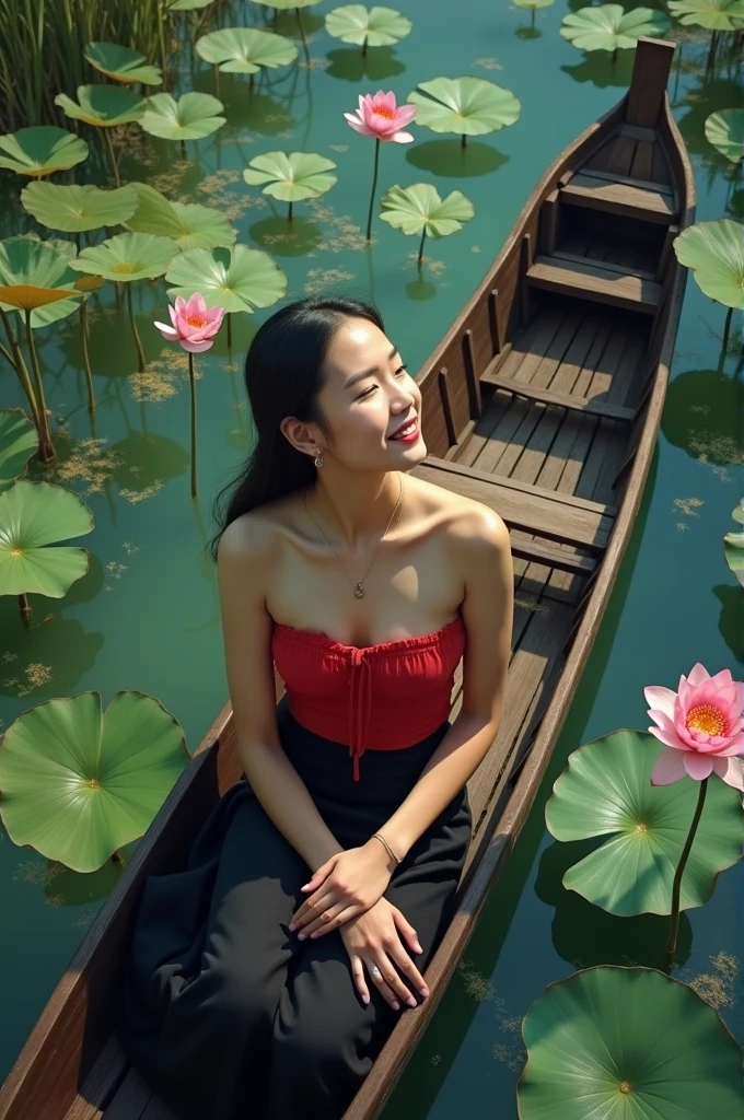 High quality drone shot from above, clear swamp below, a beautiful young woman in a red tube top Thai dress, a black sarong sitting on a boat, with beautiful lotus flowers growing halfway, on the water surface is a Thai canoe, and one hand is sunbathing and smiling at the bright atmosphere of the swamp. High detailed and sharp 8K footage, art work by Chalermchai Oil painting.