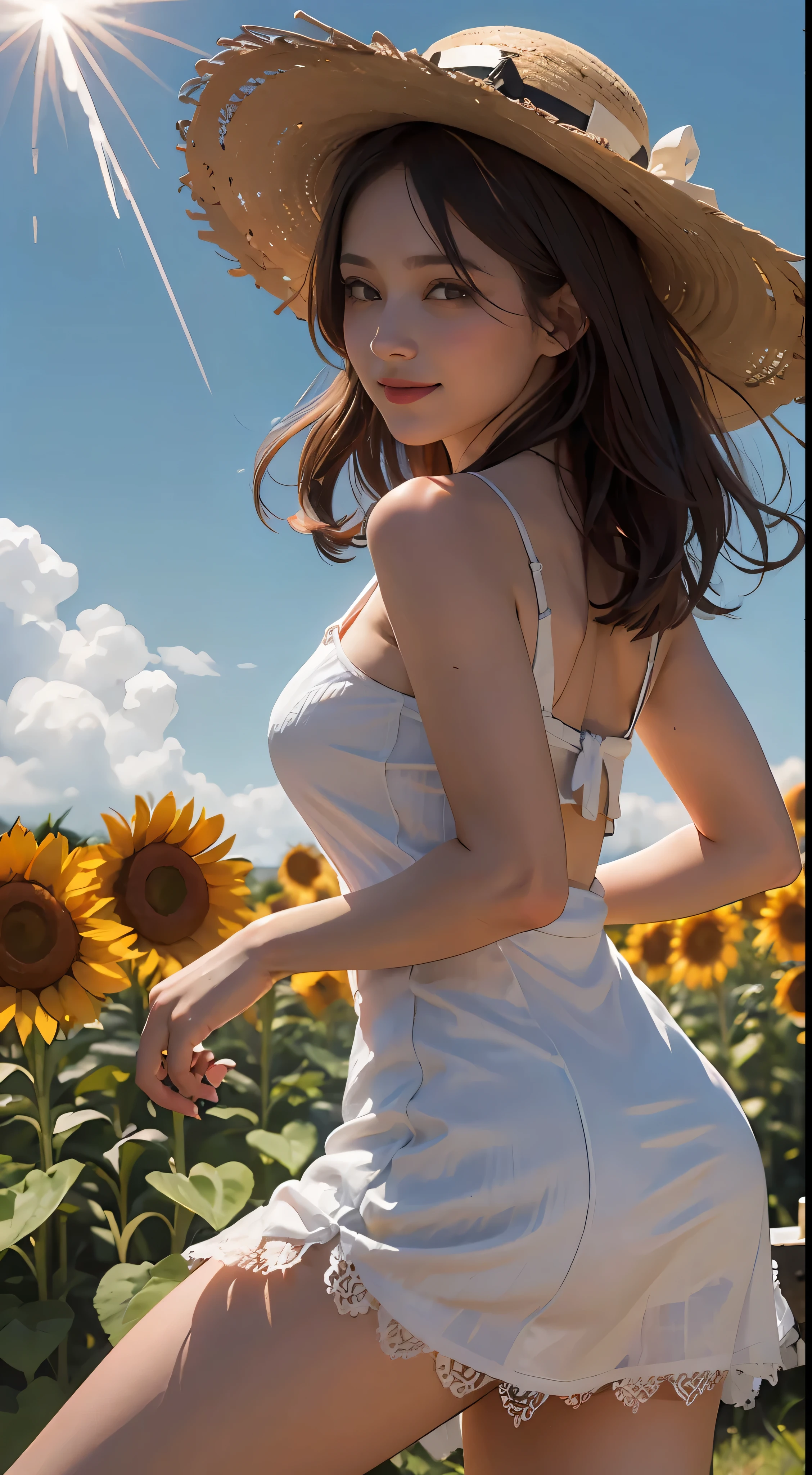 無敵のmasterpiece, Ultra-photorealism, Perfect artwork, Intricate details, Highest quality, Strong light,High Contrast, Sunflower field , pretty girl ,(Sweat:0.5) , Put your arms behind your back , White Knee-Length Cami Dress , Straw hat , smile,Strong light , sunlight , Wind , Summer sky ,Letters , attack , Magical Effects , firework .Light Flower , Lens flare , (Far from the audience:1.1), high quality , Highest , High resolution , Highest品質 , Awards , Very detailed .Extreme detail , masterpiece ,