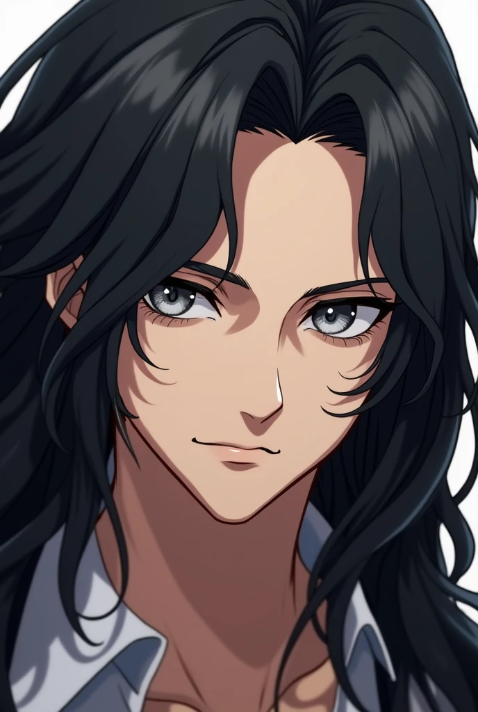 Character description of a guy, view of the head from different angles, Four different angles, the guy has long black hair, grey eyes, Beautiful face, masterpiece, ultra high quality, super detail, super detailed eyes and face, detailed long black hair, young man in his twenties, Focus on face, anime art