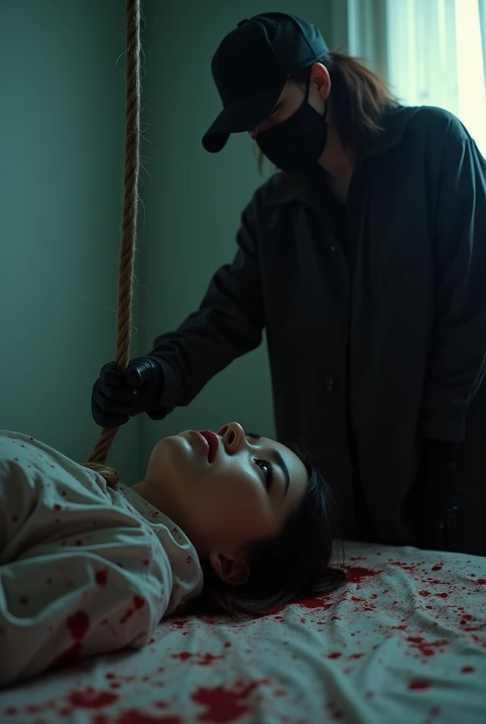 korean girl, (behind corpse, holding rope), strangling, choking, black surgical mask, black gloves, room full of blood, black raincoat, trucker hat, holding rope, black gloves, woman on top, behind corpse, blood splatter, on the bed, looking at viewer, mass murderer, killer, low ponytail, blood splatter, dark atmosphere, cinematic lighting, atmospheric realistic, light from the window, close-up,
