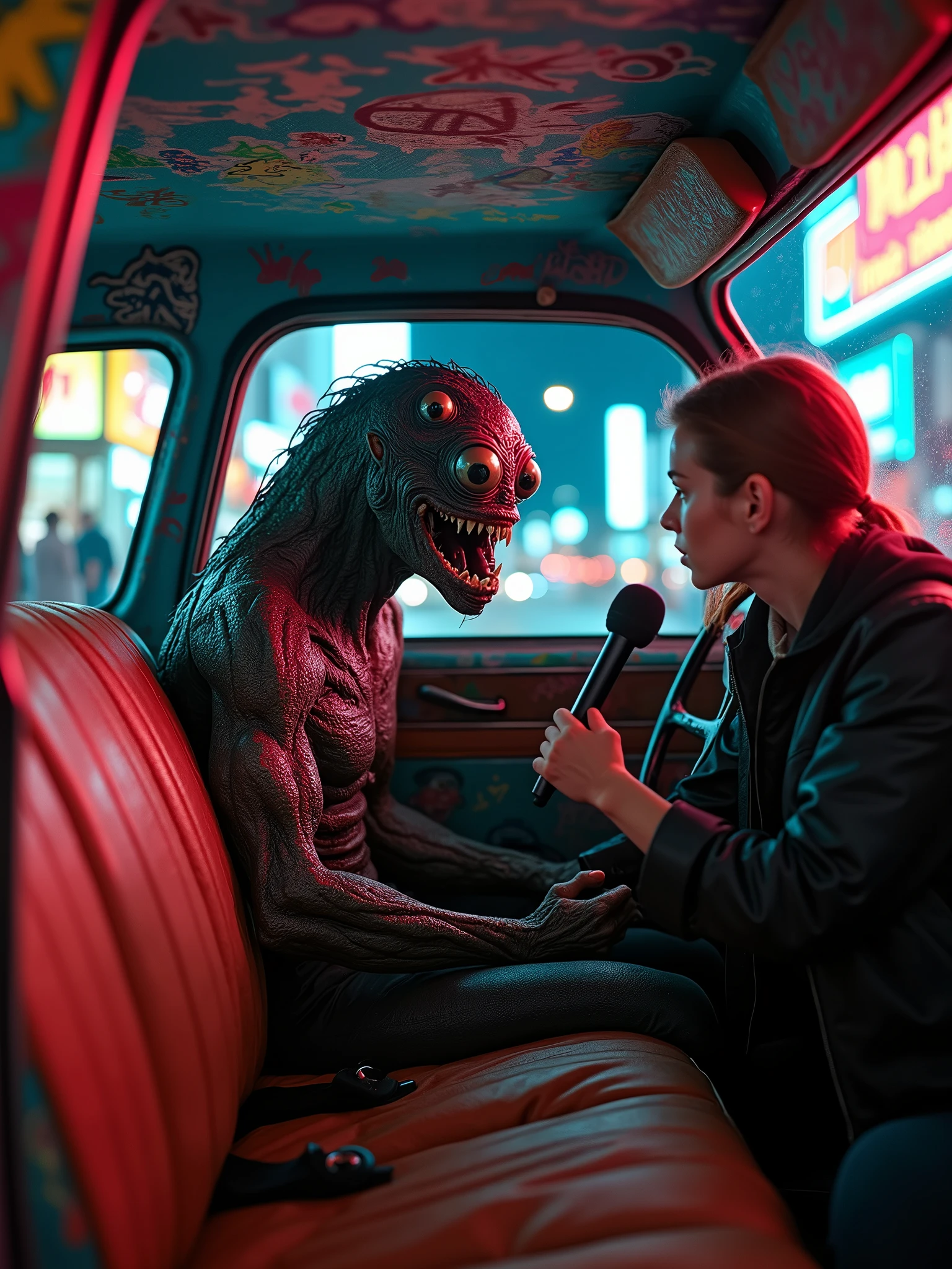 A cinematic scene featuring a bizarre and intimidating monster with three eyes, seated inside a vintage 1970's car. The car is adorned with flashy neon lights and covered in graffiti. The monster communicates with a journalist holding a large microphone, its eyes fixated on the reporter. The background reveals a bustling city at night, illuminated by the neon lights of various businesses. The overall mood of the image is a mix of eerie and fascinating., cinematic