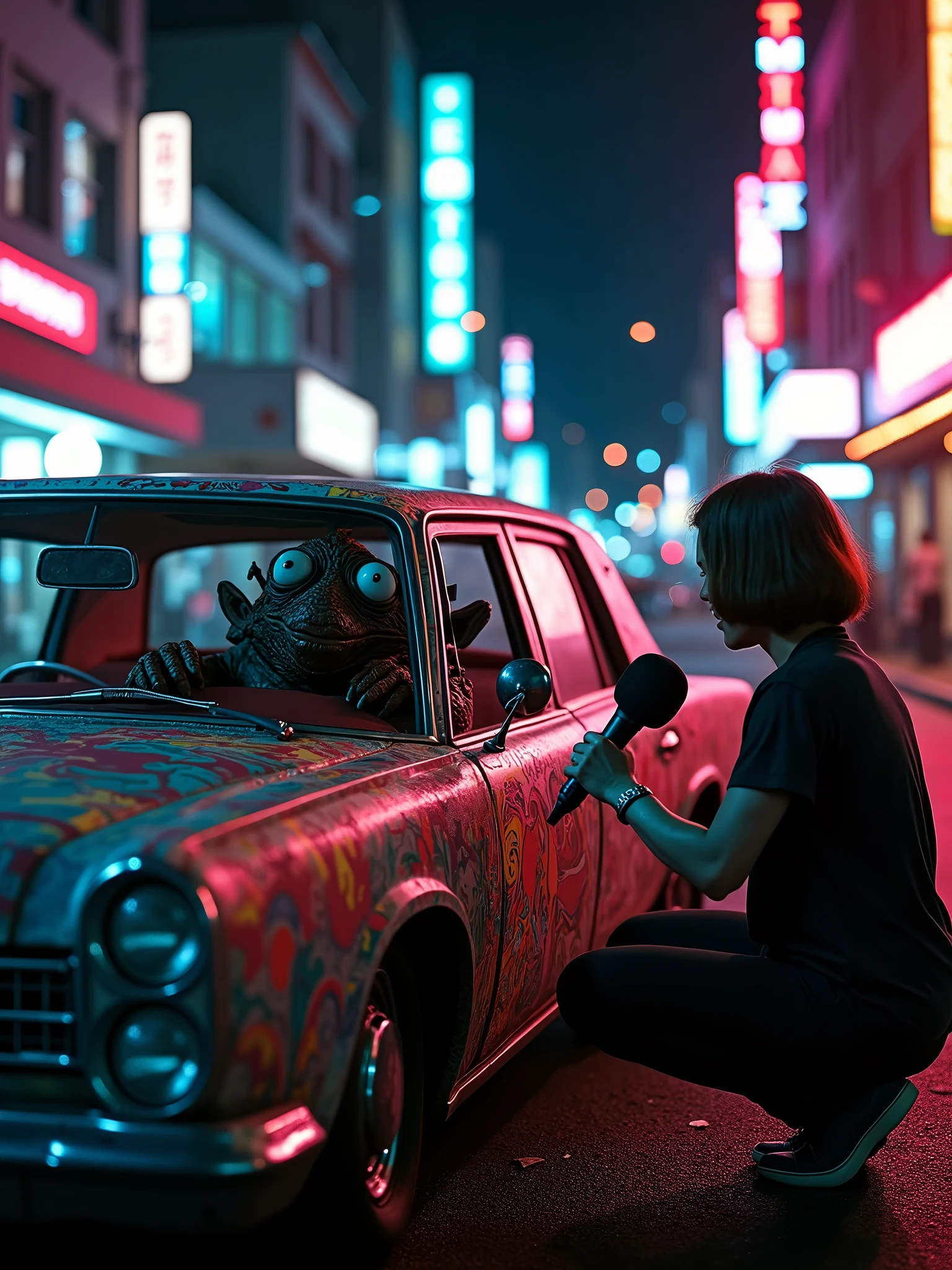 A cinematic scene featuring a bizarre and intimidating monster with three eyes, seated inside a vintage 1970's car. The car is adorned with flashy neon lights and covered in graffiti. The monster communicates with a journalist holding a large microphone, its eyes fixated on the reporter. The background reveals a bustling city at night, illuminated by the neon lights of various businesses. The overall mood of the image is a mix of eerie and fascinating., cinematic