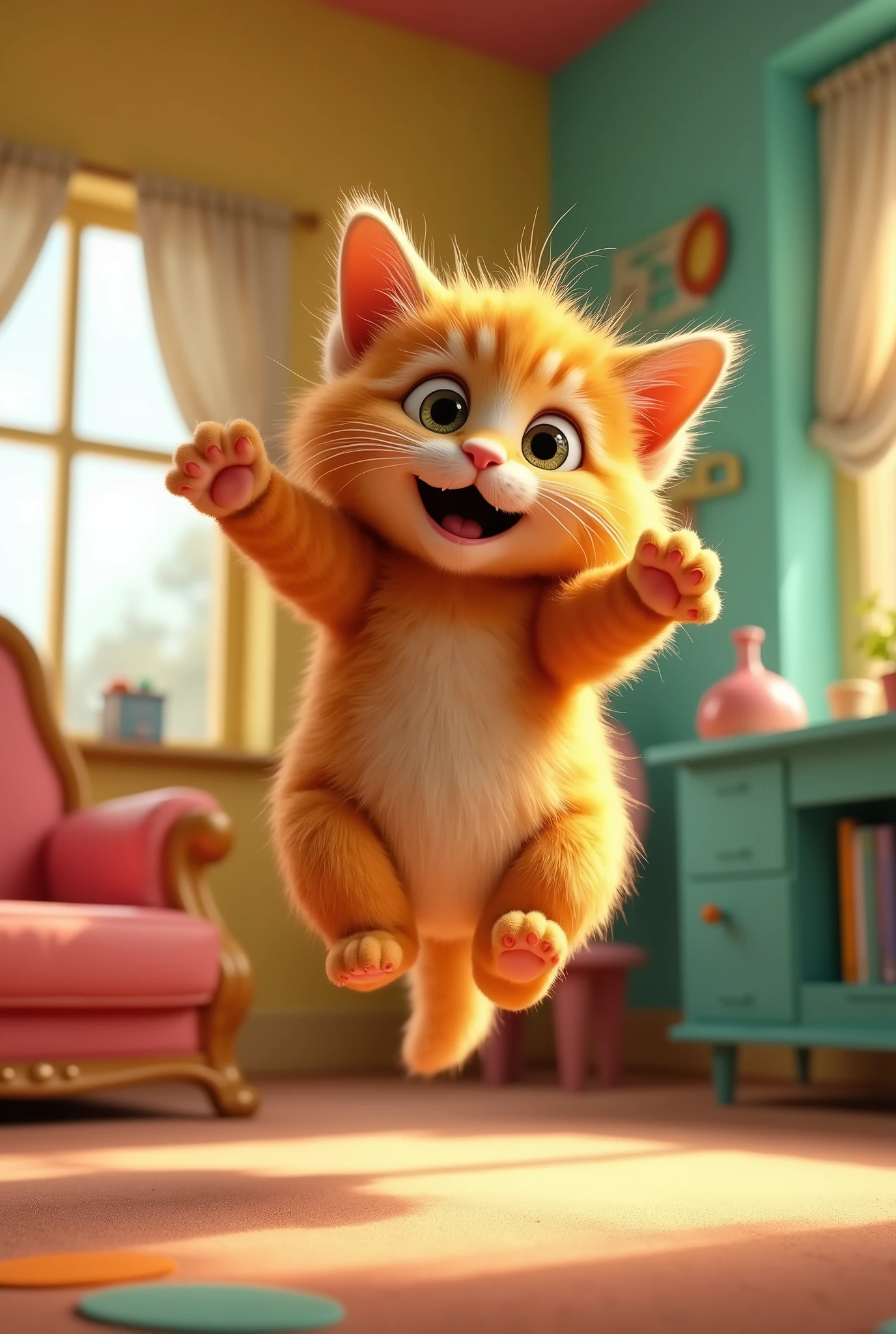 "In one corner of the room, a pet cat is stuck in mid-leap, hovering in the air with its paws outstretched. Its expression is frozen in surprise, eyes wide and mouth slightly open boy
In cartoon type