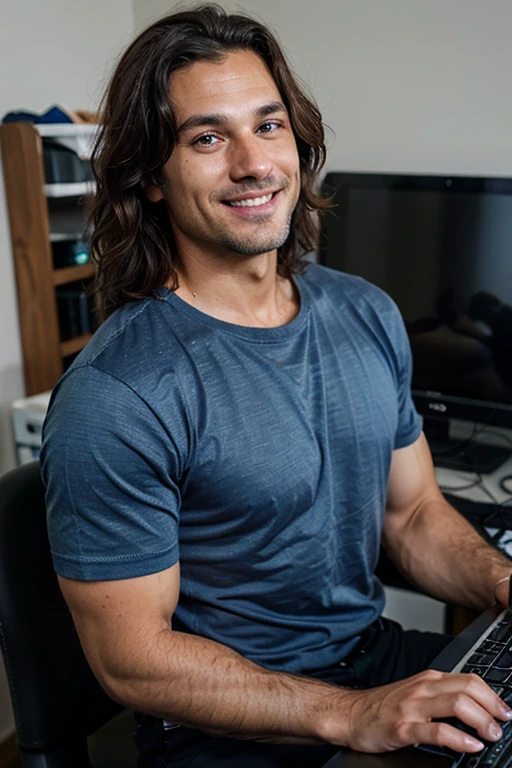 Handsome Man 40 years old, lean muscular body, tan skin olive, his eyes are blue, 1.90m, his hair is dark brown with natural waves that flow down his shoulders, a little stubble unshaved, wearing a blue shirt, black pants, laughing while using a computer 