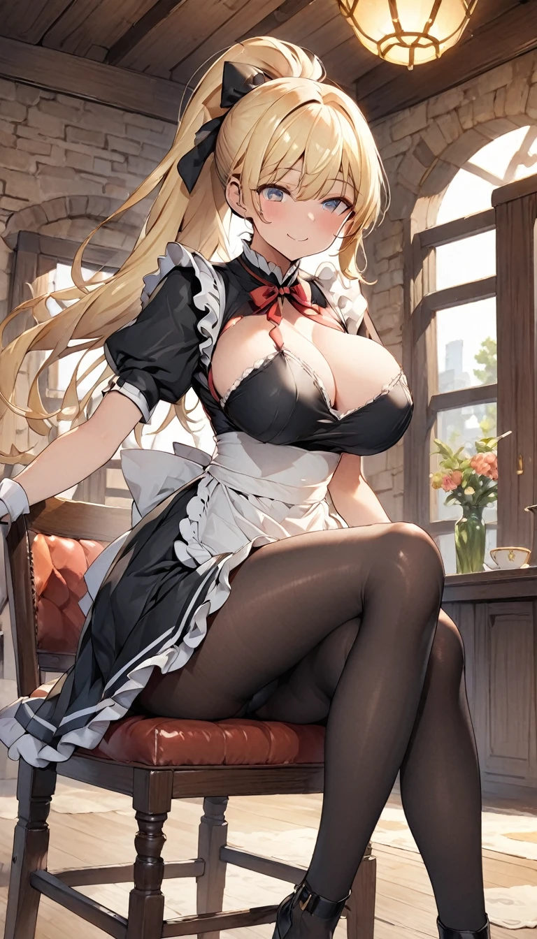 One Woman、beautiful girl、maid、20-year-old、Blonde、ponytail、Western-style building、maidの、頭にmaidカチューシャ、Short skirt、Black Pantyhose、Ultra-definition image quality、Highest quality, smile,Big Breasts、Very large breasts、Sit on a chair、Crossing your legs、Sitting with legs spread open、Poses that accentuate the chest、Smiling with narrowed eyes、breast enhancement、Lean forward