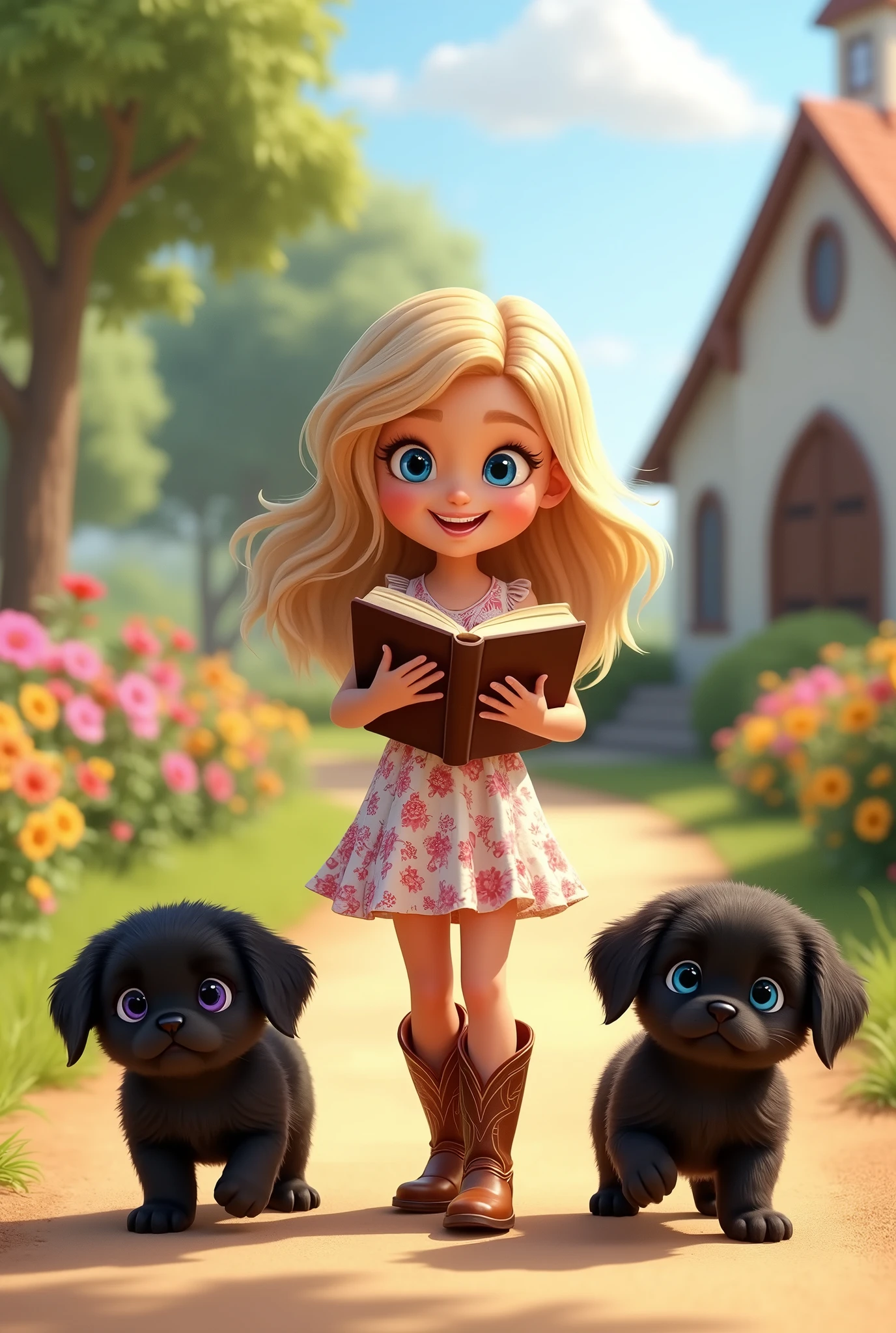 Cute blonde girl 15 years old with bright blue eyes wearing a dress with cowboy boots holding a bible, 2 adorable black shih tzu puppies with big blue eyes wearing leather and silver collars walking to church 3D Pixar Style