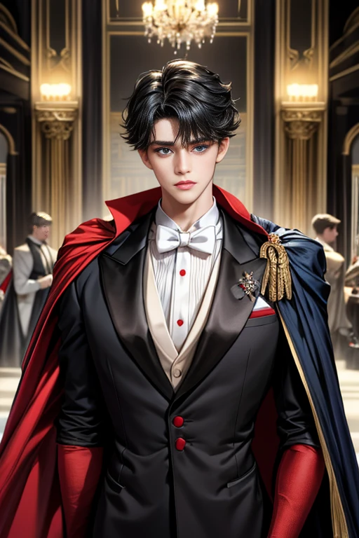 masterpiece, 最high quality, high quality, 1 boy, alone, Male focus, Upper Body,Watching the audience, Messy black hair, Adorable big blue eyes, White, Noble, Noble,A black and red cape that is bursting with sexy volume、Tuxedo、A very voluminous, large, very large, very large, long, long red and black cape with a high stand-up collar, made of a lot of fabric that reaches down to the floor., ,cute beautiful,Cute, cute, kind, handsome guy