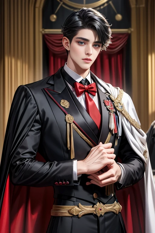 masterpiece, 最high quality, high quality, 1 boy, alone, Male focus, Upper Body,Watching the audience, Messy black hair, Adorable big blue eyes, White, Noble, Noble,A black and red cape that is bursting with sexy volume、Tuxedo、A very voluminous, large, very large, very large, long, long red and black cape with a high stand-up collar, made of a lot of fabric that reaches down to the floor., ,cute beautiful,Cute, cute, kind, handsome guy