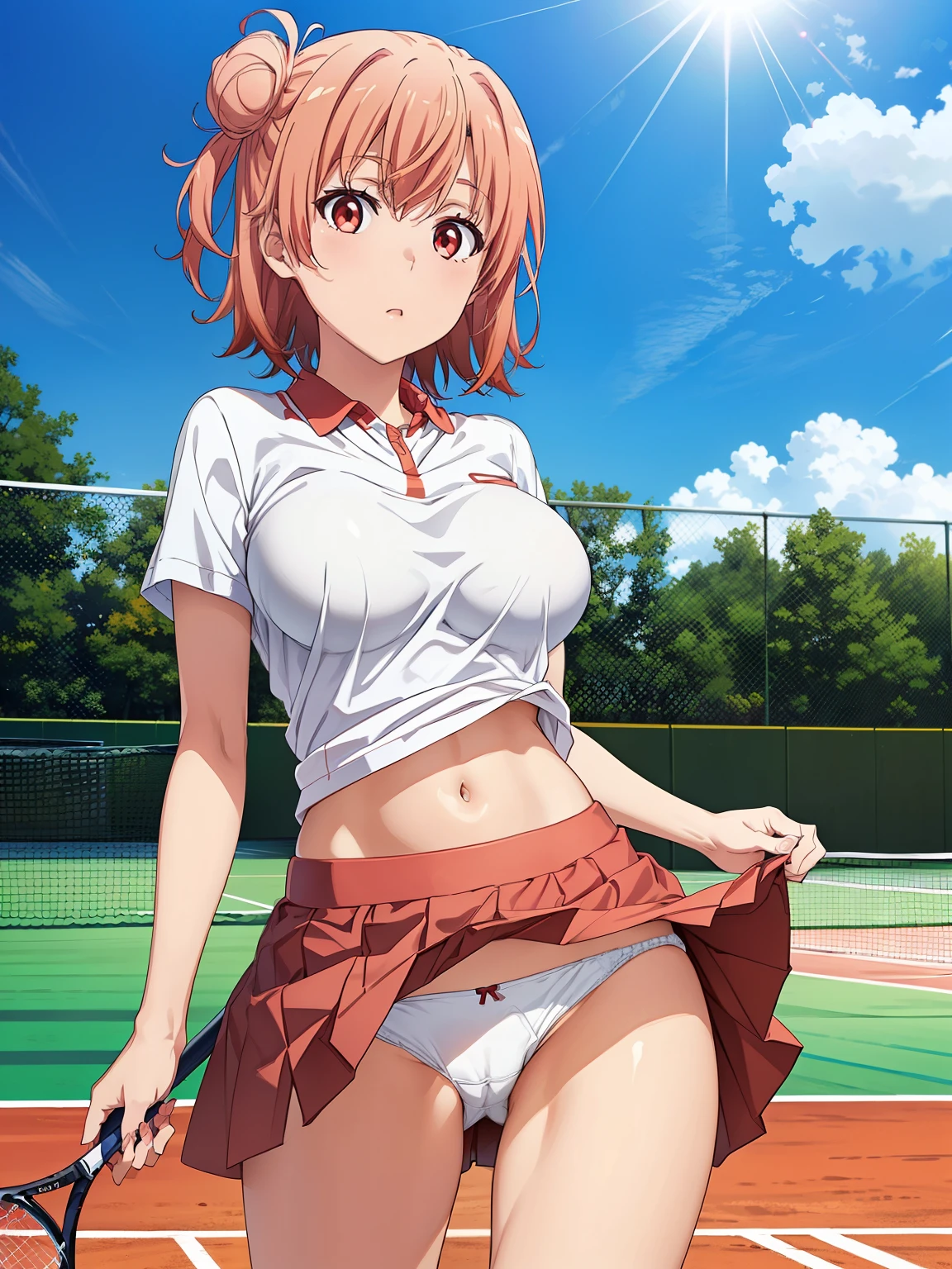 ((Highest quality, High resolution,  Pixel perfect,  4K)),  (Beautiful Anime), Written boundary depth、

Perfect body, 

yuigahama yui, (Big Breasts:1.1)、 Red eyes、 short hair, Single hair bun、

Tennis Wear, (Lift up the skirt:1.5), (white_Panties:1.5)

summer、sunlight、

Tennis court、